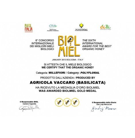 Premio Miele biologico di Millefiori di Basilicata
